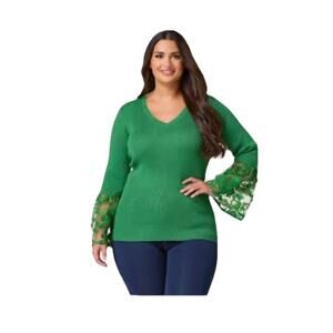 Cato Kelly Green Ribbed Knit V-Neck Trumpet Lace Cuffs Elegant Classy Sweater XL